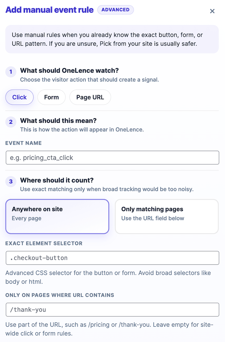 Placeholder screenshot of the manual event rule modal