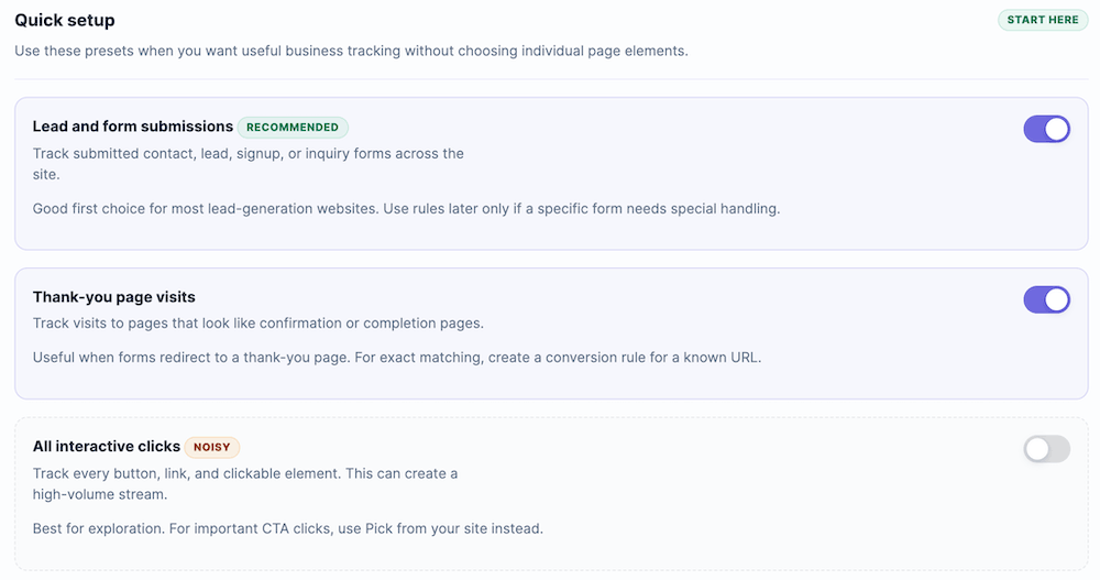 Placeholder screenshot of the Quick setup card