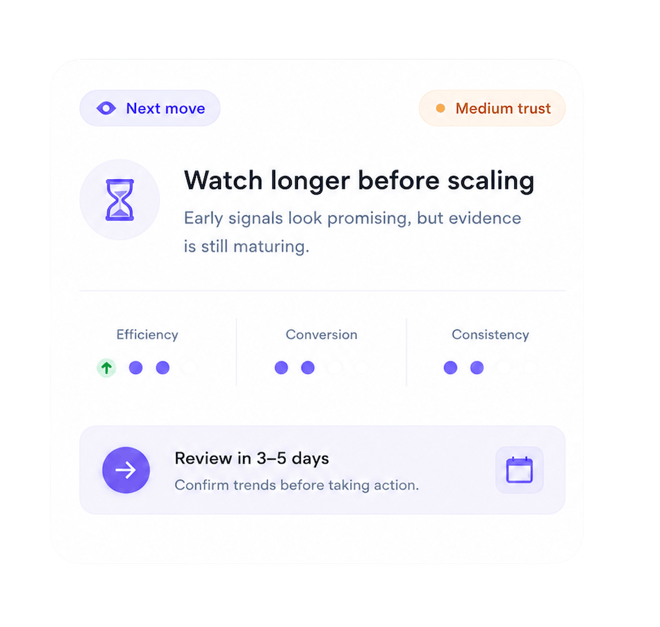 Decision card showing what to scale, hold, stop, or review next