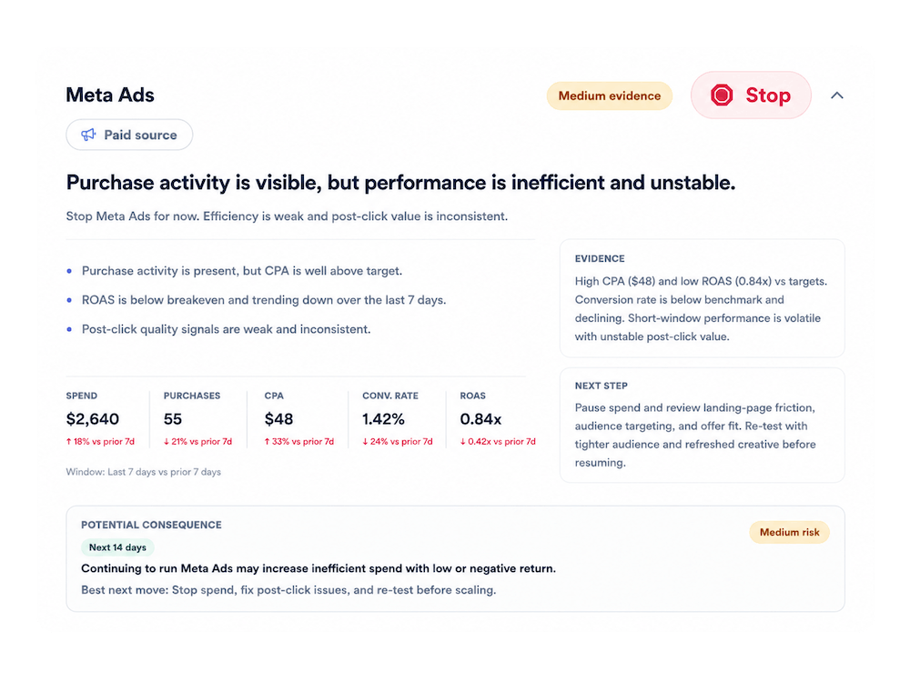 OneLence decision example for a Shopify consumer goods brand showing signal strength, stability, and value.